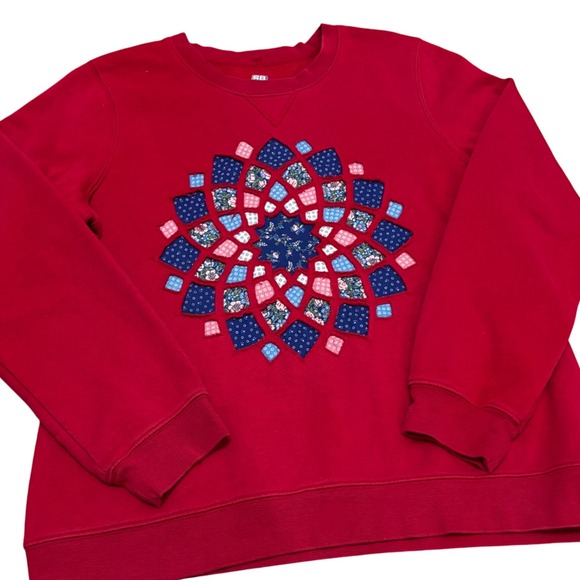 Rework Upcycled Red Sweatshirt Quilt Patchwork Floral Geometric Cozy Grandmacore - Picture 1 of 7